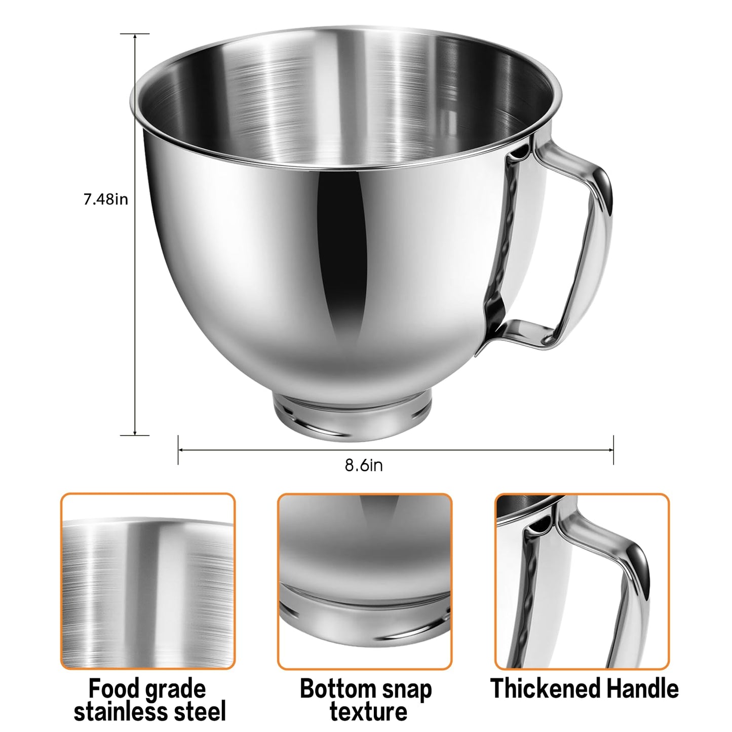 PQPO 5 Quart Stainless Steel Mixer Bowl Compatible with KitchenAid Tilt-Head Stand Mixer, Replacement Mixing Bowl,Dishwasher Safe