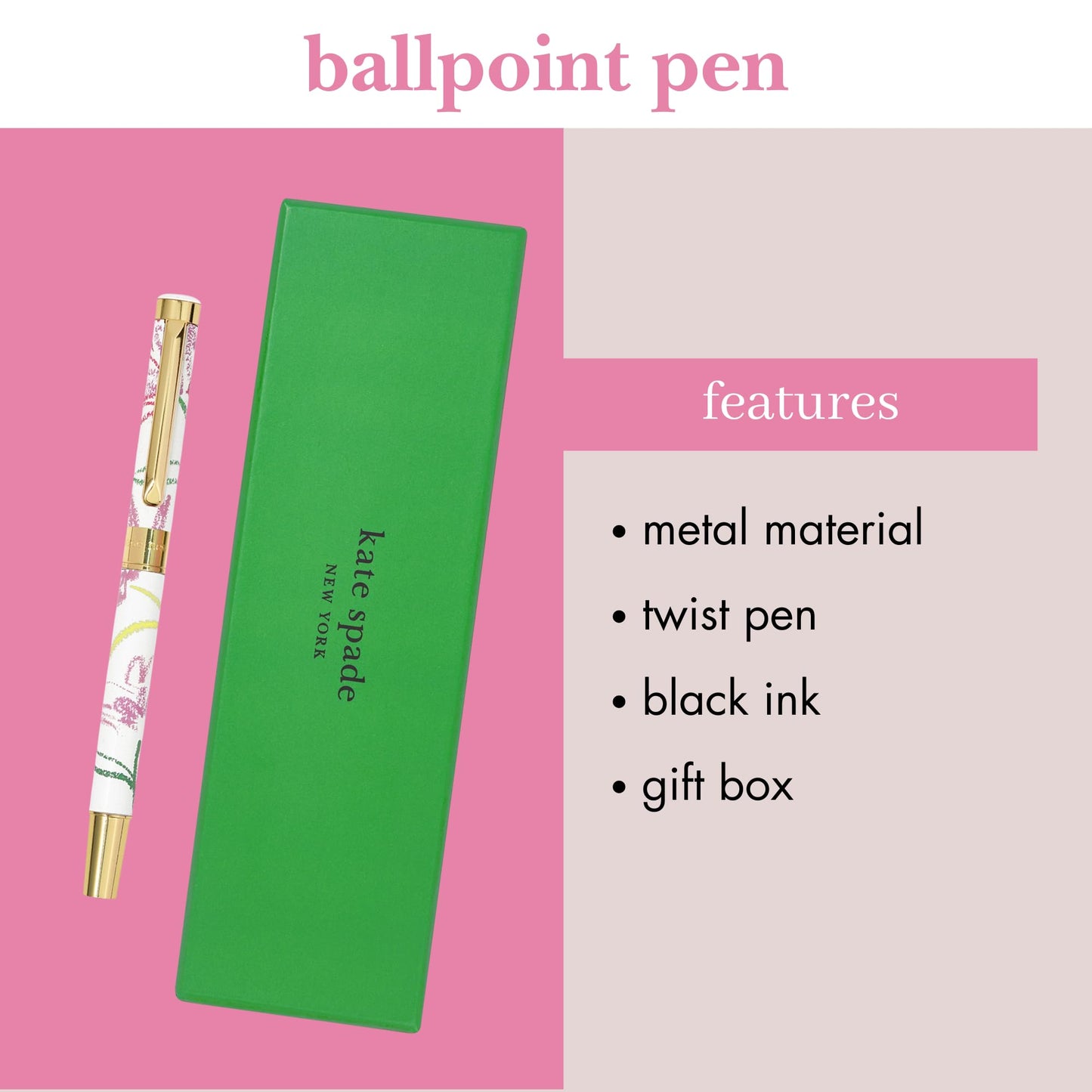 kate spade new york Black Ink Ballpoint Pen with Reusable Gift Box, Professional Office Pen for Women Accepts Standard Refills (Joyful Garden)