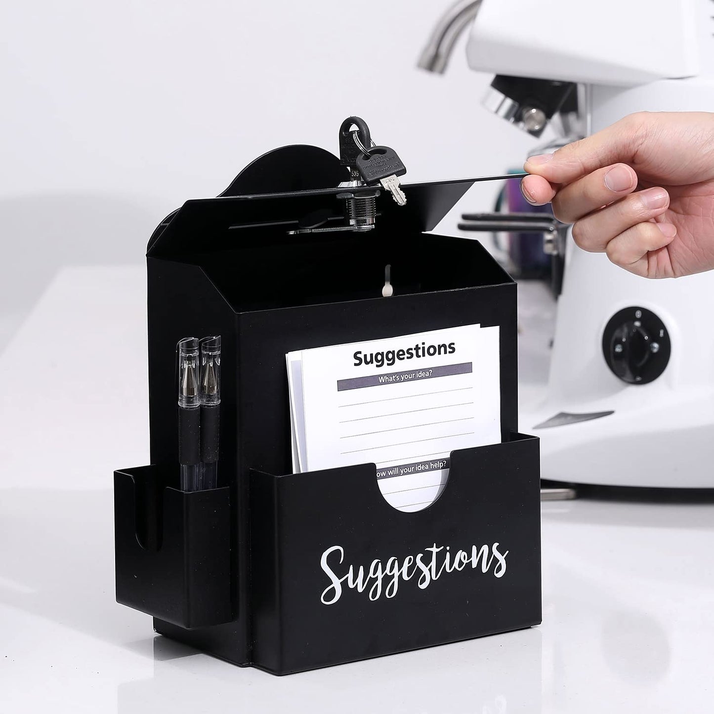 MyGift Suggestion Box with Slot and Lock, Donation Box for Fundraising, Complaint Case with Paper Sheet and Pen Holder Slots,Wall Mounted or Tabletop, Black Metal