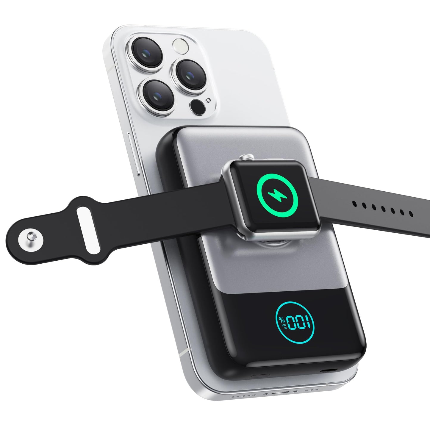 Magnetic Portable Charger for iPhone, 3-in-1 10800mAh Qi2 15W Wireless Power Bank with iWatch Charger,30W PD Fast Charging USB-C LCD Display Battery Pack for Magsafe,iPhone 16/15/14/13/12, Apple Watch
