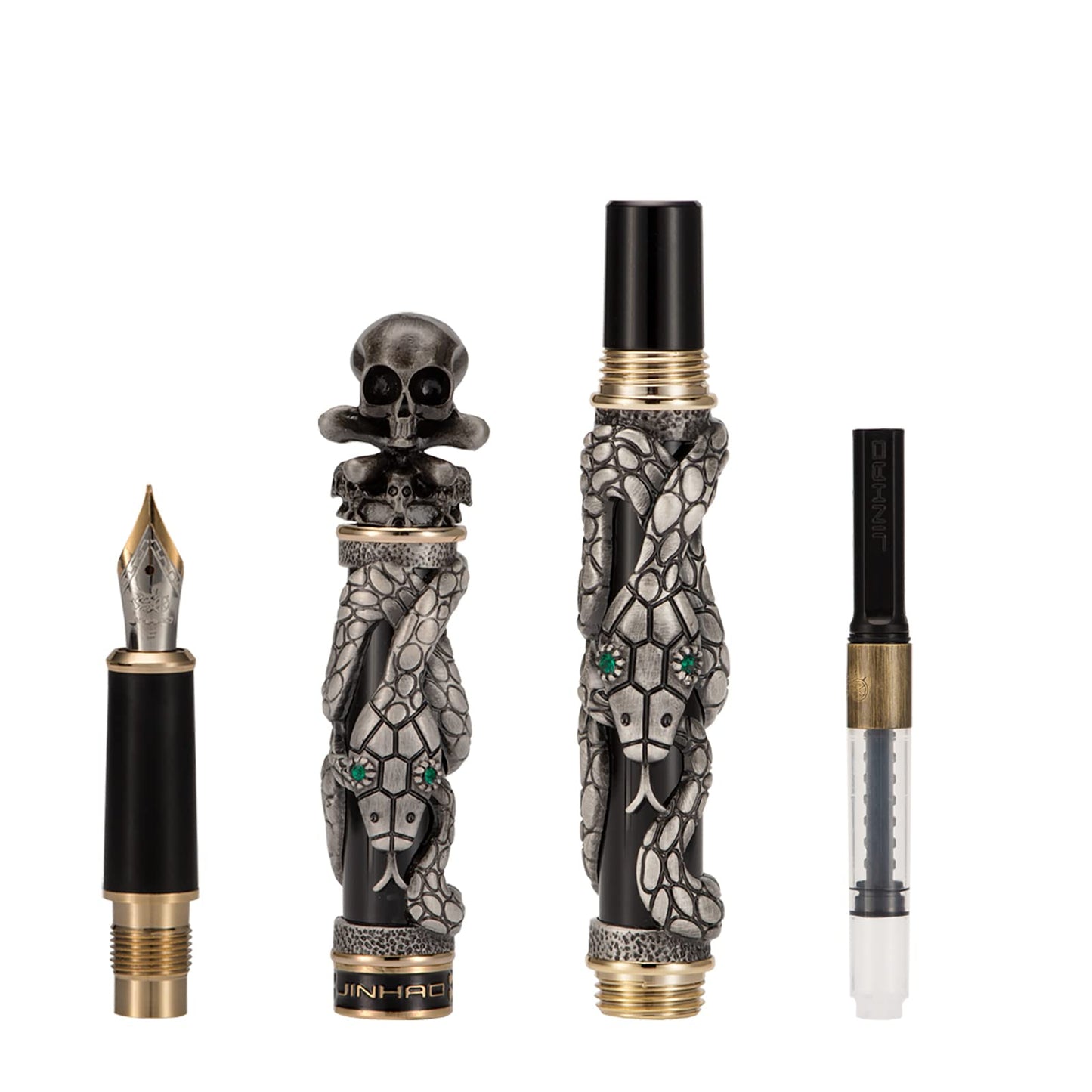 Jinhao Black Snake Fountain Pen Medium Nib Retro Style with Skull Head Solid Metal and Paper Pen Case Set