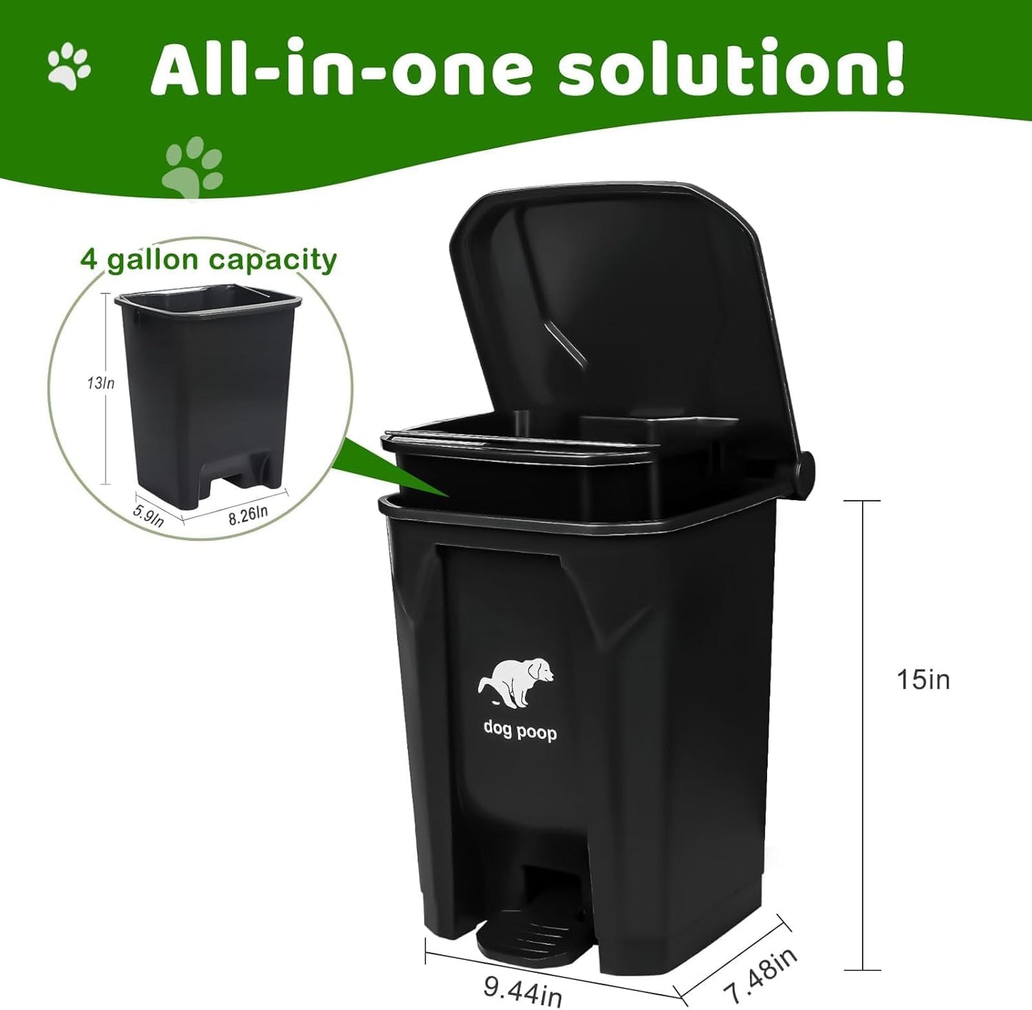 Uppcasir Dog Poop Trash Can Outside, 20L/5Gallon Pedal and Removable Inner Waste Bin, Outdoor Dog Poop Trash Can with 100 Bags, Pet Waste Container for Garden, Black