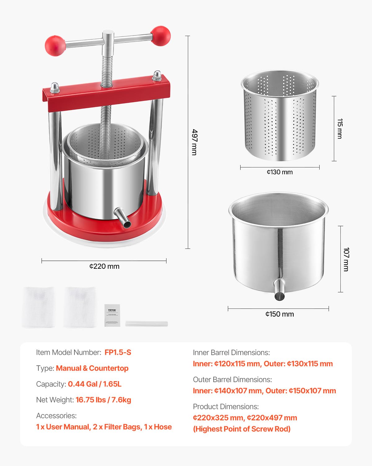 VEVOR 0.44 Gal/1.65L Fruit Wine Press, 2 Stainless Steel Barrels, Manual Juice Maker, Cider Apple Grape Tincture Honey Olive Oil Making Press with T-Handle for Outdoor Kitchen Home
