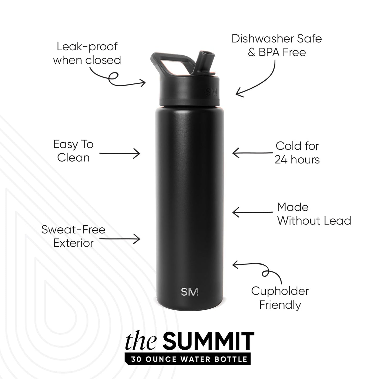 Simple Modern Water Bottle with Straw Lid | Vacuum Insulated Stainless Steel Metal Thermos | Reusable Leak Proof BPA-Free Flask for Sports Gym | Summit Collection | 30oz, Midnight Black