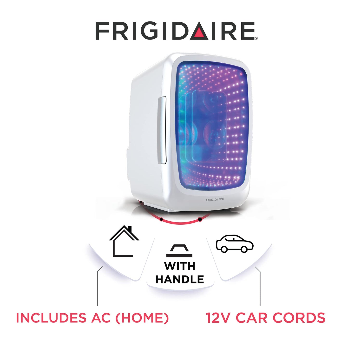 Frigidaire Gaming Light Up Mini Beverage Refrigerator, 6 can, 4 liters, Cooler with large see through door and LED lights Perfect for Gaming Experience, Home, Office, or Cars.12V Charger (White)