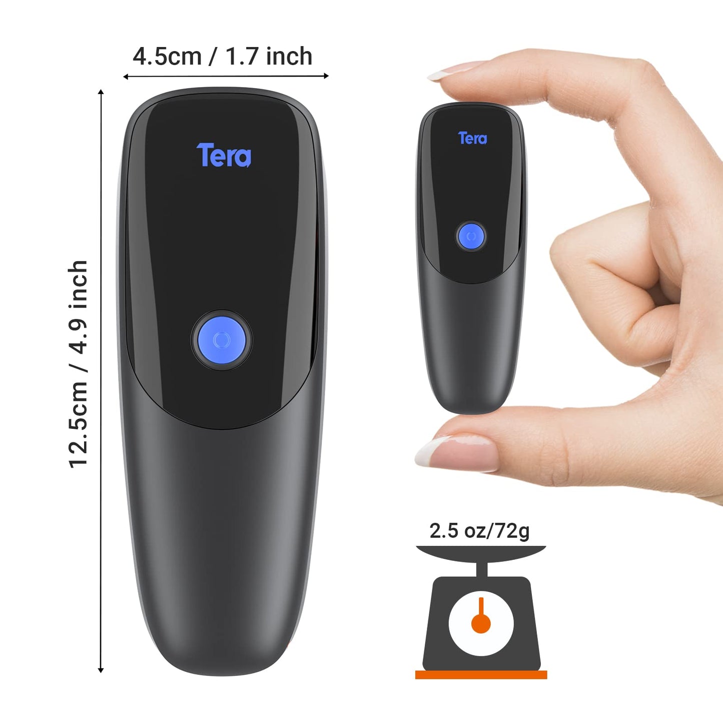 Tera Pro Extreme Performance Wireless 1D 2D QR Barcode Scanner Mini Portable Small 3-in-1 Compatible with Bluetooth & 2.4G Wireless & USB Wired Pocket Handheld Time Stamp Bar Code Reader Model 1300
