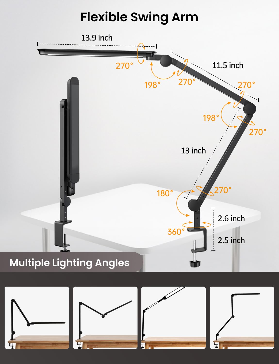 YULINKCO LED Desk Lamp with Clamp, Adjustable Dual Light & Remote Control, Puzzle Light for Table No Glare, 4 Color Modes with Wireless Remote for Home Office & Study