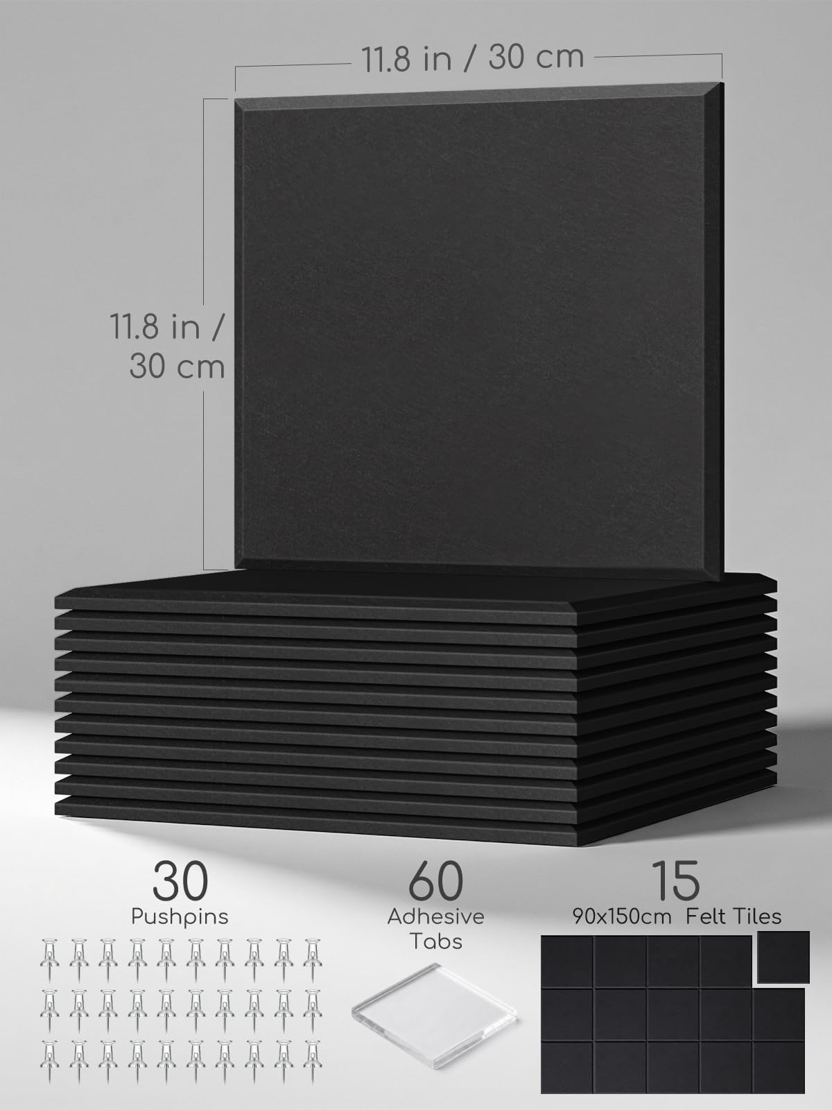 Lightomorrow 0.47" Thick Felt Pin Board Tiles, 15 Pack 11.8 x 11.8 in Custom Bulletin Board Layout, Cork Board Alternative with Adhesive & 30 Push Pins for Home Office Wall Setup, Black