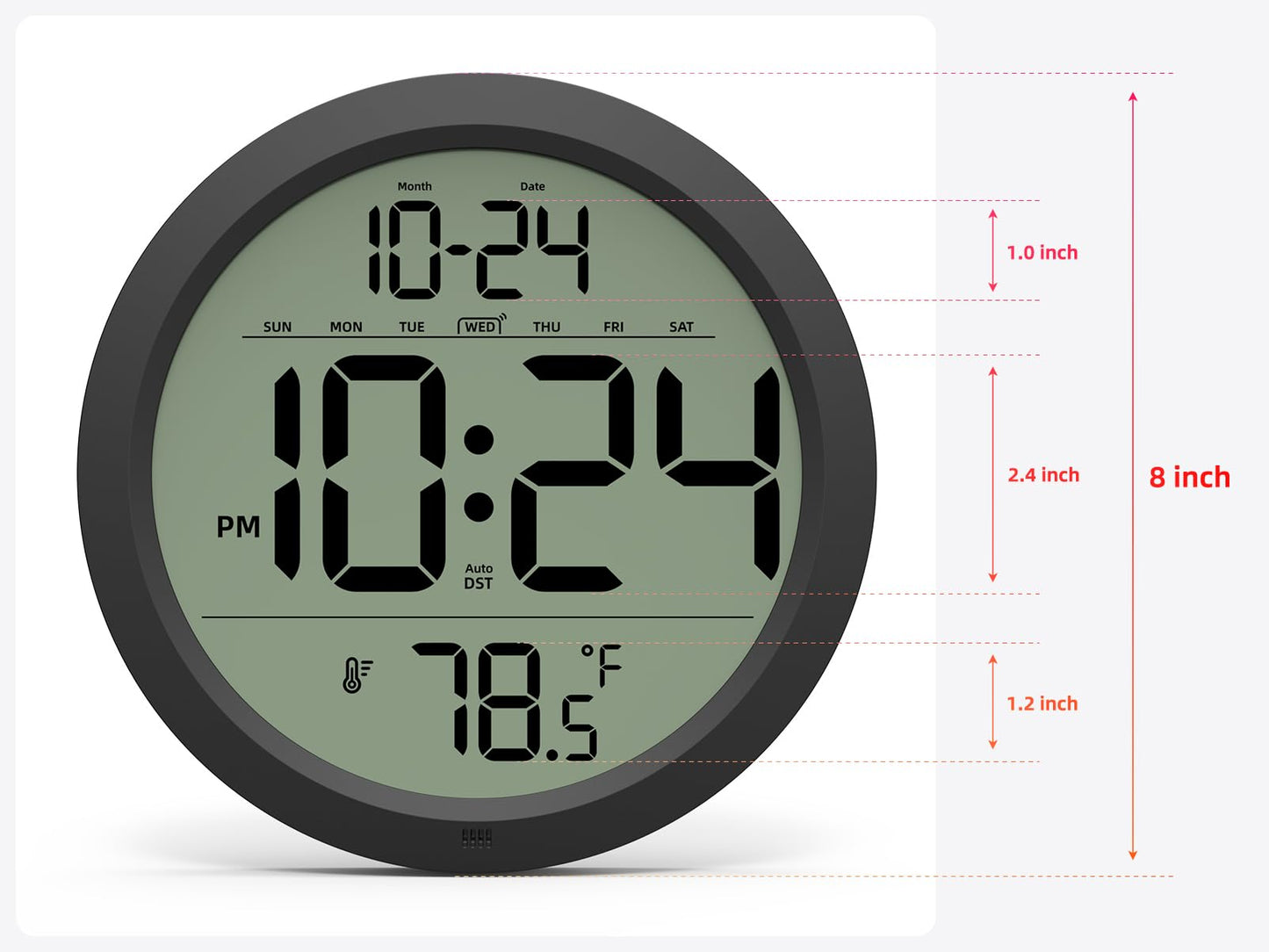 Digital Wall Clock Battery-Operated, 8 Inch Small Decorative Modern Wall Clock with Date, Temperature, Auto-DST, Silent Electric Wall Clock for Bedroom, Living Room, Kitchen, Office, Farmhouse -Black