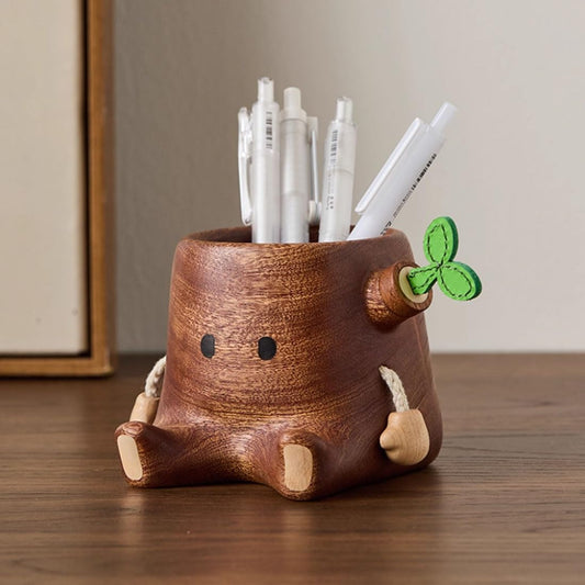 Stump Pen Holder – Cute Wooden Desk Organizer, Fairy Tale Tree Stump Pencil Cup for Stationery, Makeup Brushes, Dried Flowers, Solid Wood Desktop Decor Gift
