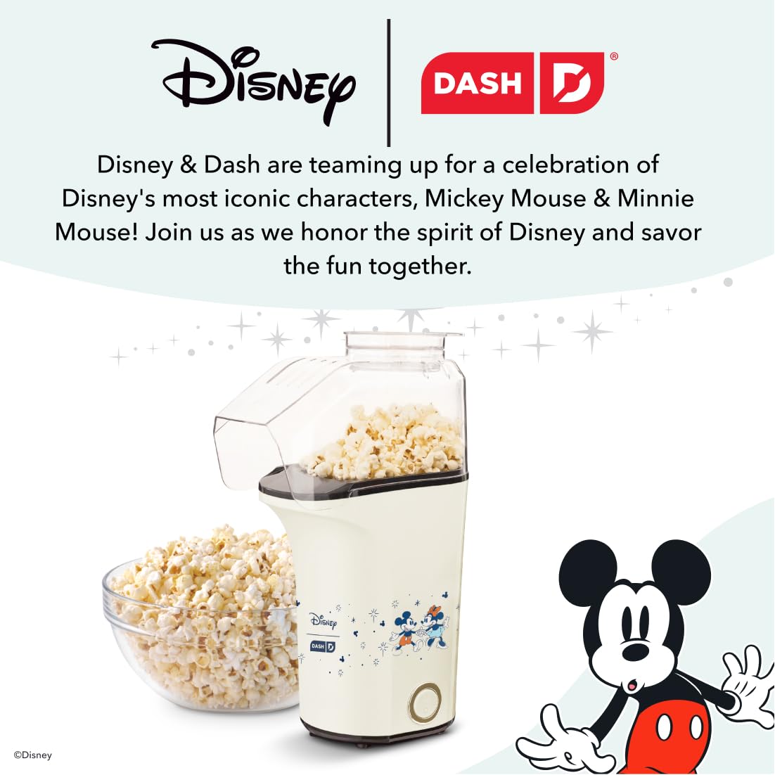 Disney DASH Fresh Pop Popcorn Maker - Oil-Free, Air Popcorn Popper - With Measuring Cup & Recipe Guide - Perfect for Movie Nights - 16 Cups, Mickey & Minnie Design