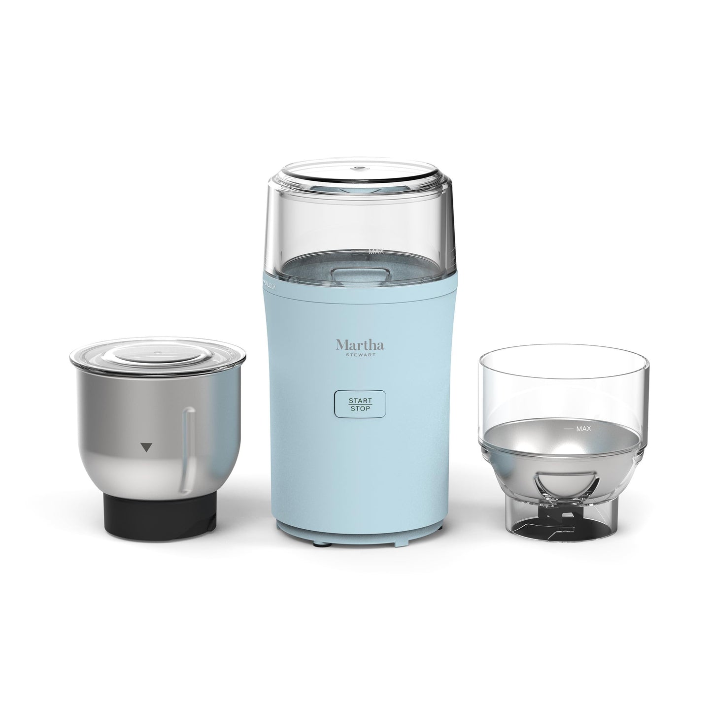 Martha Stewart Electric Coffee & Spice Grinder, Dual 2.5oz Removable Bowls, Storage Lids, Stainless Steel Blades, One Touch Pulse Control, 2-in-1 Compact, Beans & Spices, Herbs & Nuts, Sky Blue