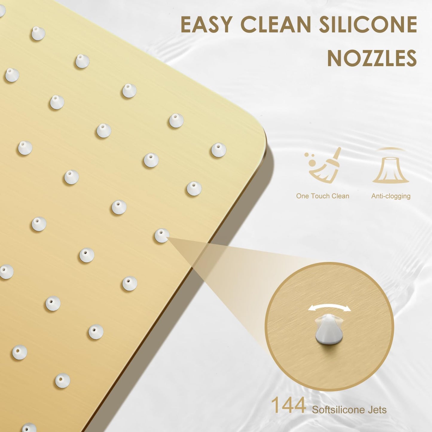 KINLIV 12 inch Brushed Gold Rain Shower Head - All Metal 304 Stainless Steel, Full Body Waterfall Shower with 144 Silicone Nozzles - Square Showerheads Ceiling or Wall Mount Modern Bathroom