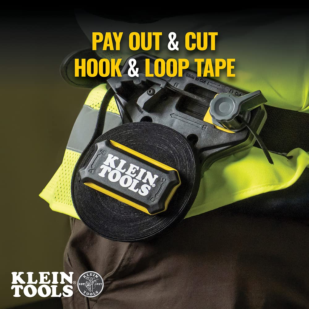 Klein Tools 450-900 Cable Management, Hook & Loop Dispenser with 12-Foot x 3/4-Inch Tape Roll, Cuts Custom Length Hook & Loop Strips, Black