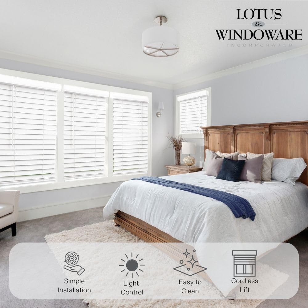 LOTUS & WINDOWARE Cordless Faux Wood Blinds, 35" Wide x 60" Long, Smooth, Snow White, 2 Inch Horizontal Blinds – for Living Room, Bedroom, Interior Door Windows