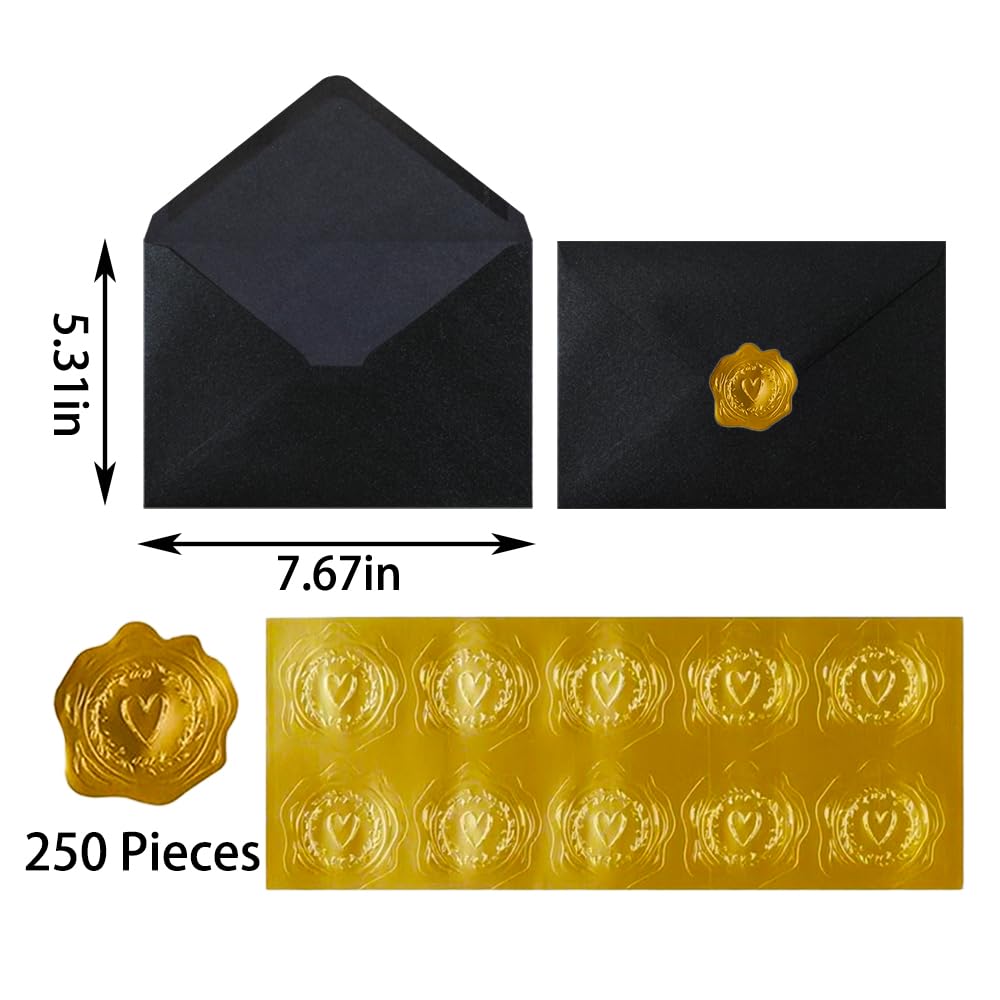 UoeRing Bulk 5x7 Self-Sealing Black Envelopes 250 Pack - A7 (5.31×7.67in) Premium 120g Pearl Glitter Paper - Printable & Writable for Wedding, Party Invitations - Includes Gold Sealing Stickers