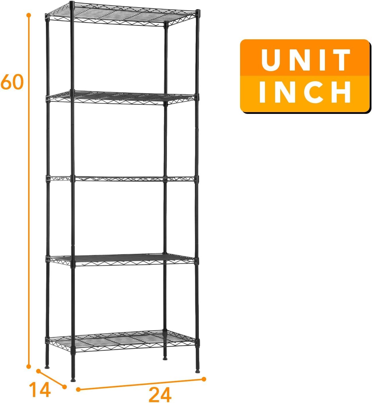 14" D×24" W×60" H Wire Shelving Unit Metal Commercial Shelf with 5 Tier Layer Rack Strong Steel for Restaurant Garage Pantry Kitchen Garage，Black