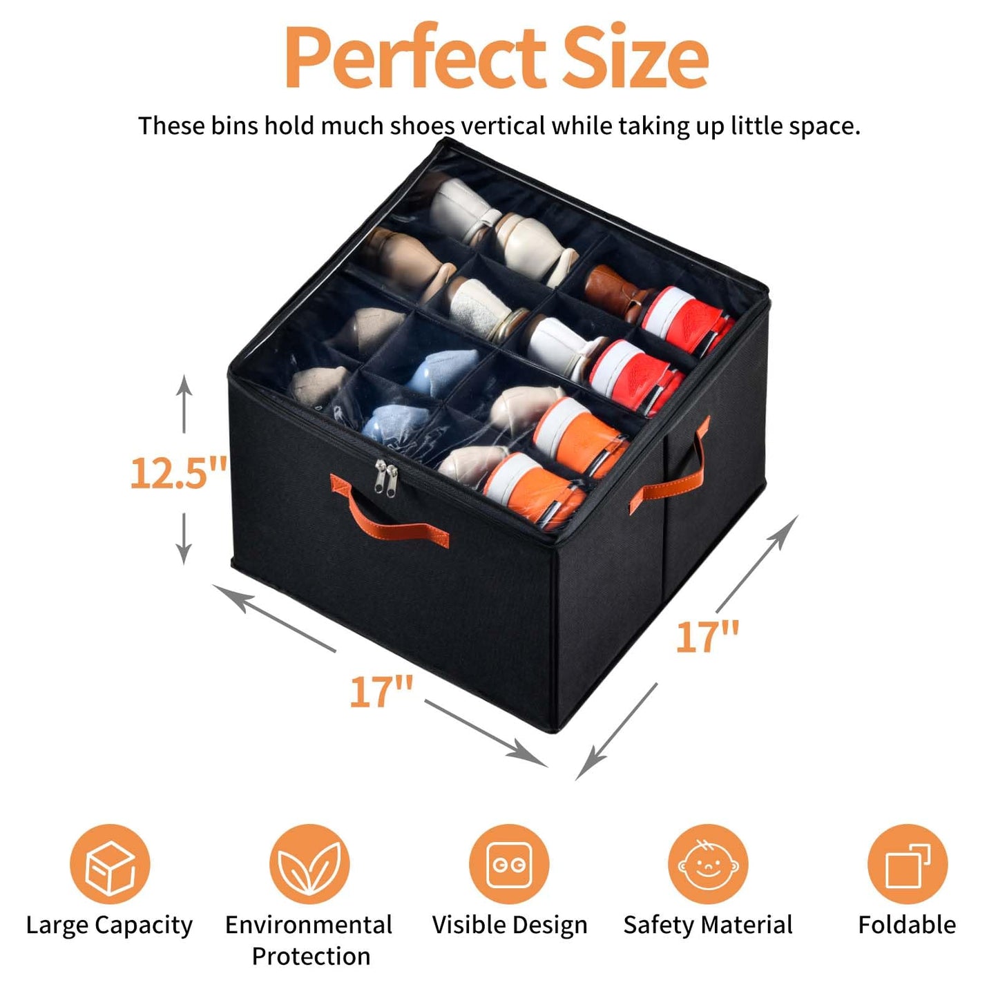 INSTY 2 Pack Shoe Organizer for Closet, Fits up to 32 Pairs, Adjustable Dividers for Shoe Storage, Space-Saving Shoe Bins and Clear Top, Black