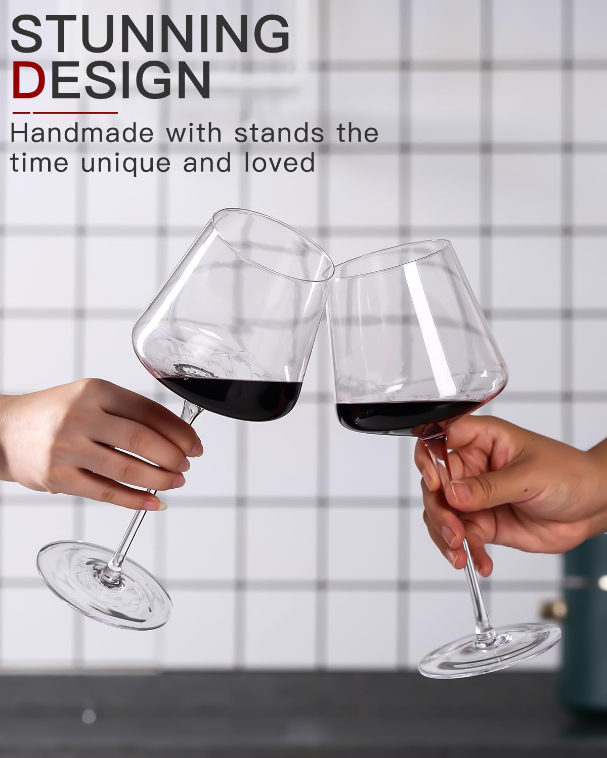 Physkoa White Red Wine Glasses Set of 6 – 18oz Clear【Hand Blown】 Crystal Wine Glass – Tall Long Stem Modern Wine Glasses – Square Wine Glass with flat bottom