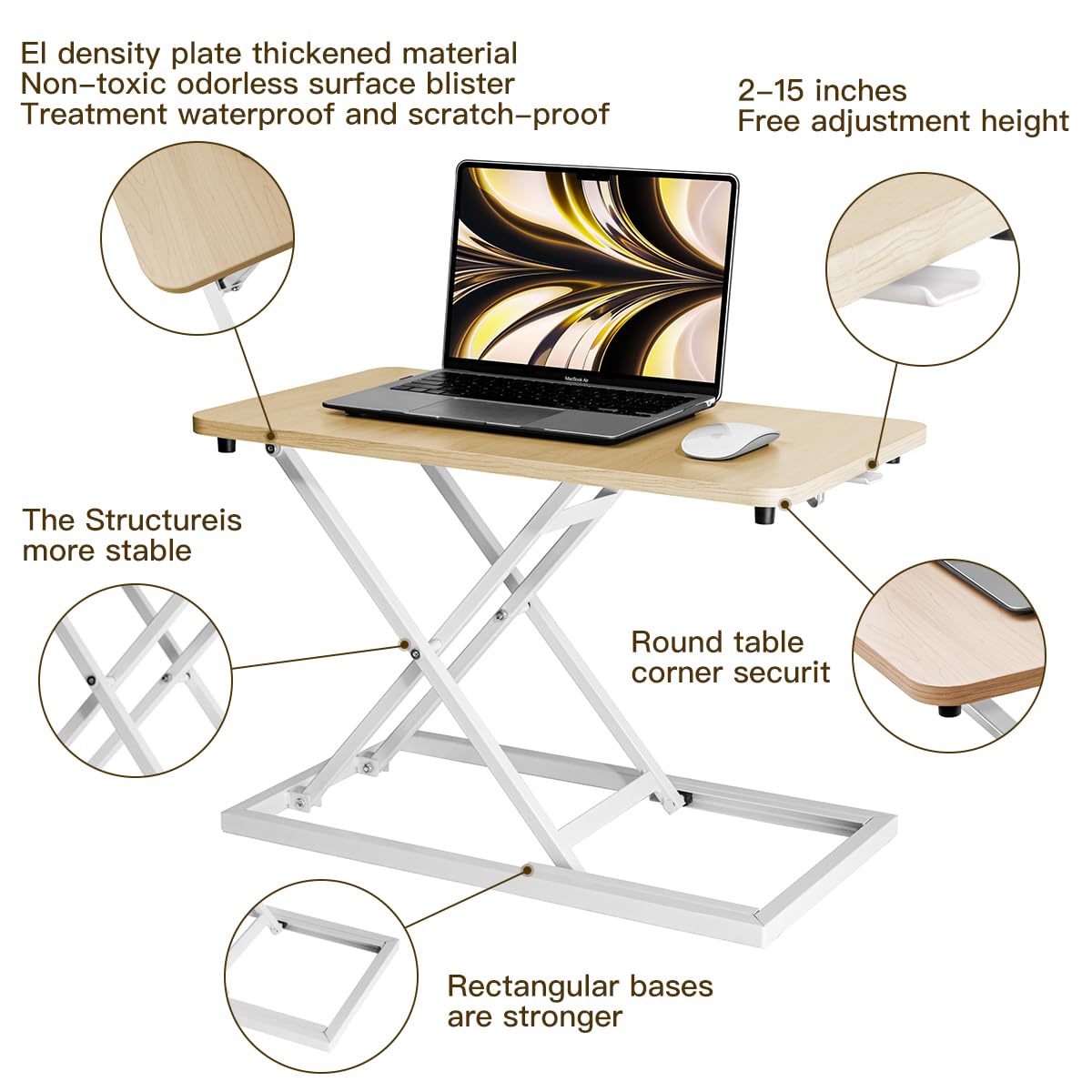 Omhuzsyo standing desk converter Stand up office desk riser on the desktop is suitable for use in laptops and single monitor work consoles, home offices, and can be adjusted in height(Log Color)