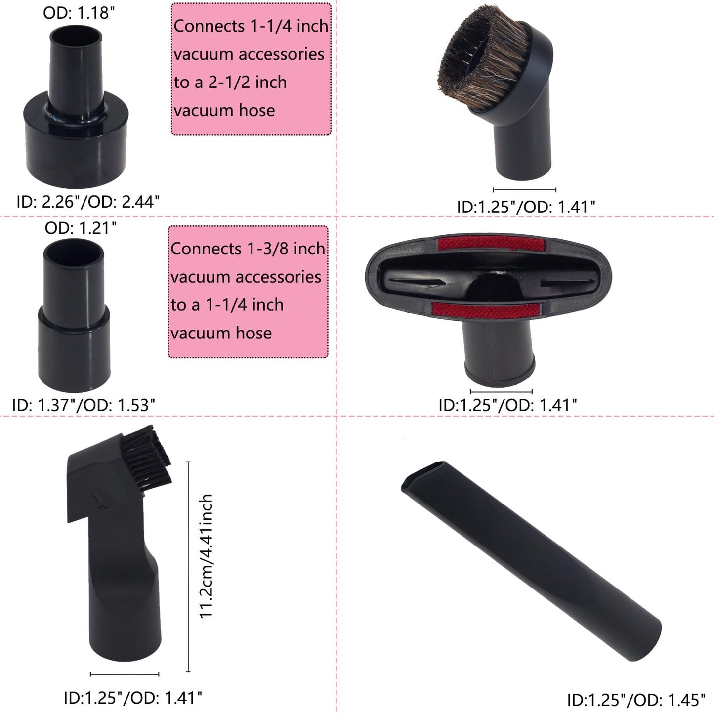 15 PCS Universal Vacuum Attachments Kit for Shop Vac Accessories - Includes Horse Hair Vacuum Brush, Floor Brush, Crevice Tool, and Hose Adapters for 2 1/2" to 1 1/4"