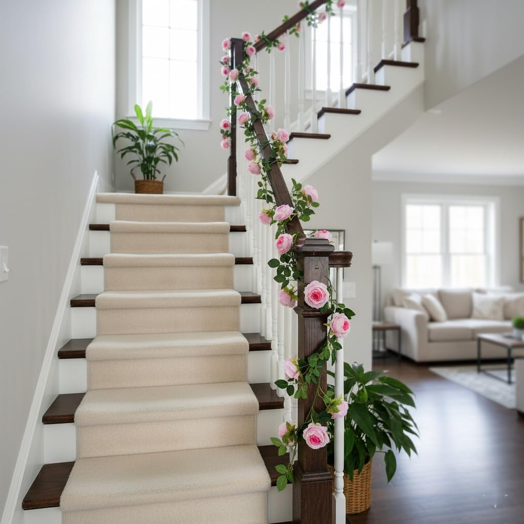 zhixinyue 2Pcs 12Ft Bendable Artificial Flower Garland Faux Rose Vine Hanging Floral Garland for Wall Decor Trellis Fence Home Room Garden Wedding Decoration(Pink, 2pcs)