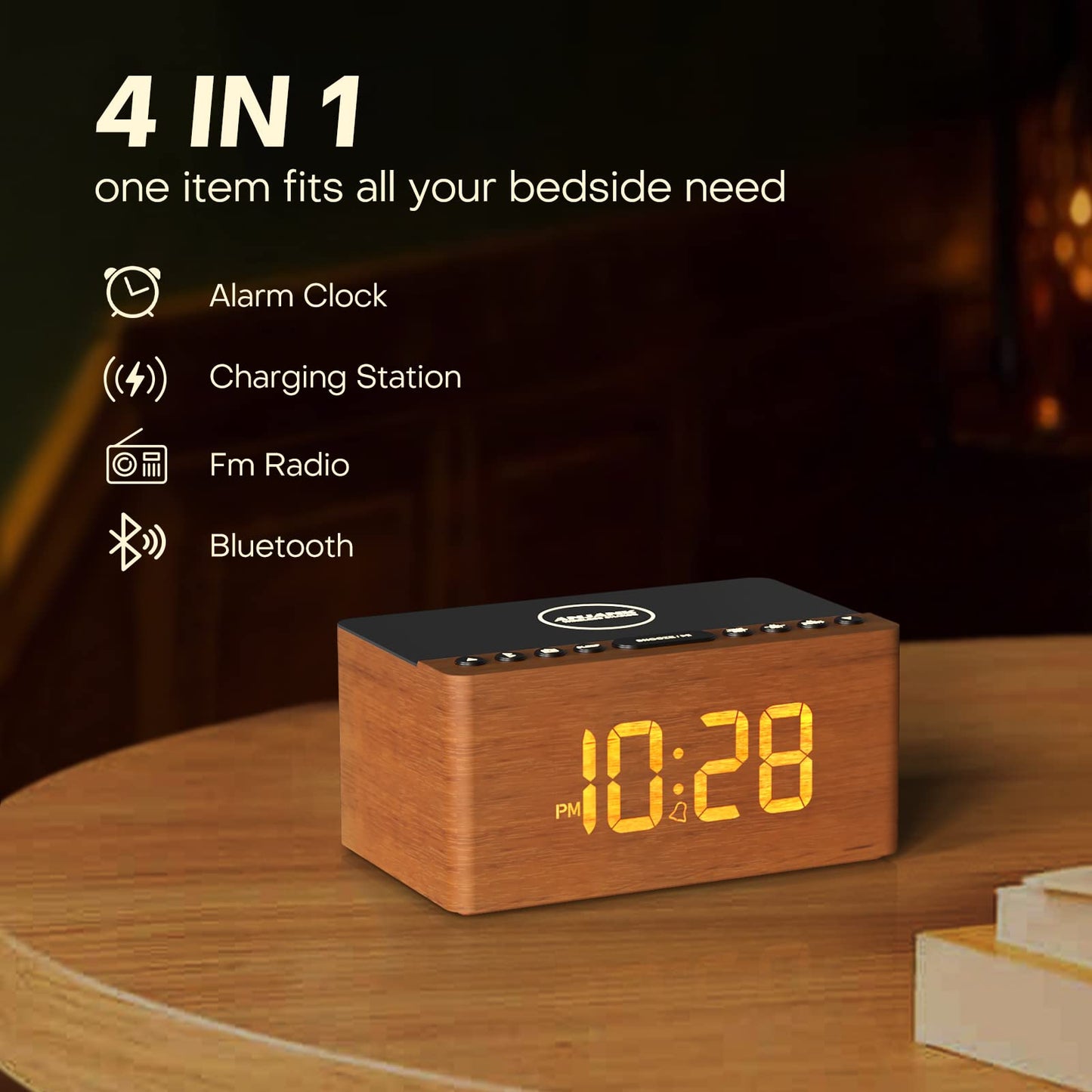 ANJANK Wooden Bluetooth Speaker, Alarm Clock with FM Radio, Qi Certified Fast Wireless Charging Station for iPhone/Samsung, USB Charger Port, Dimmable Display, Digital Wood Clock for Bedroom, Bedside