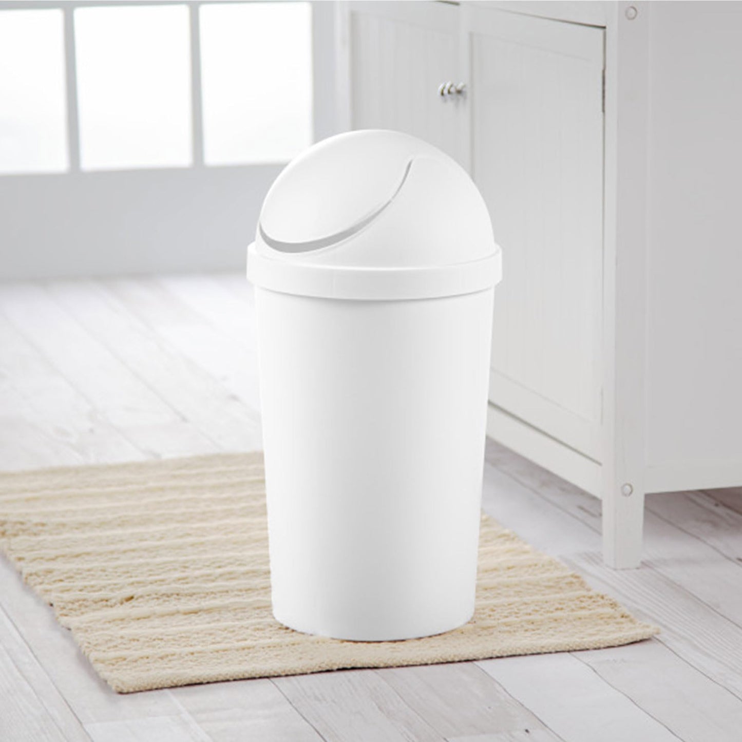 Sterilite 3 Gallon Round SwingTop Wastebasket with Lid, Small Plastic Trash Can for the Bathroom, Bedroom, Dorm or Home Office, White, 6-Pack