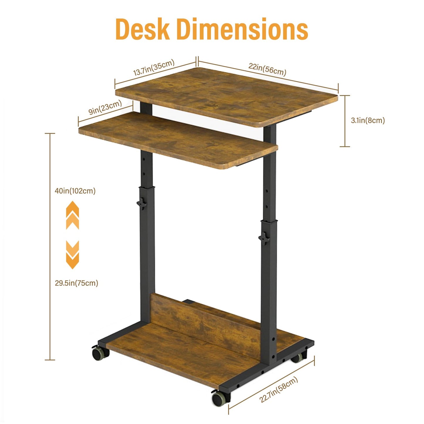 Funecy Small Standing Desk with Wheels,Small Mobile Computer Desks Adjustable Height, Portable Standing Office Desks,Computer Workstation for Home Office(Rustic Brown)