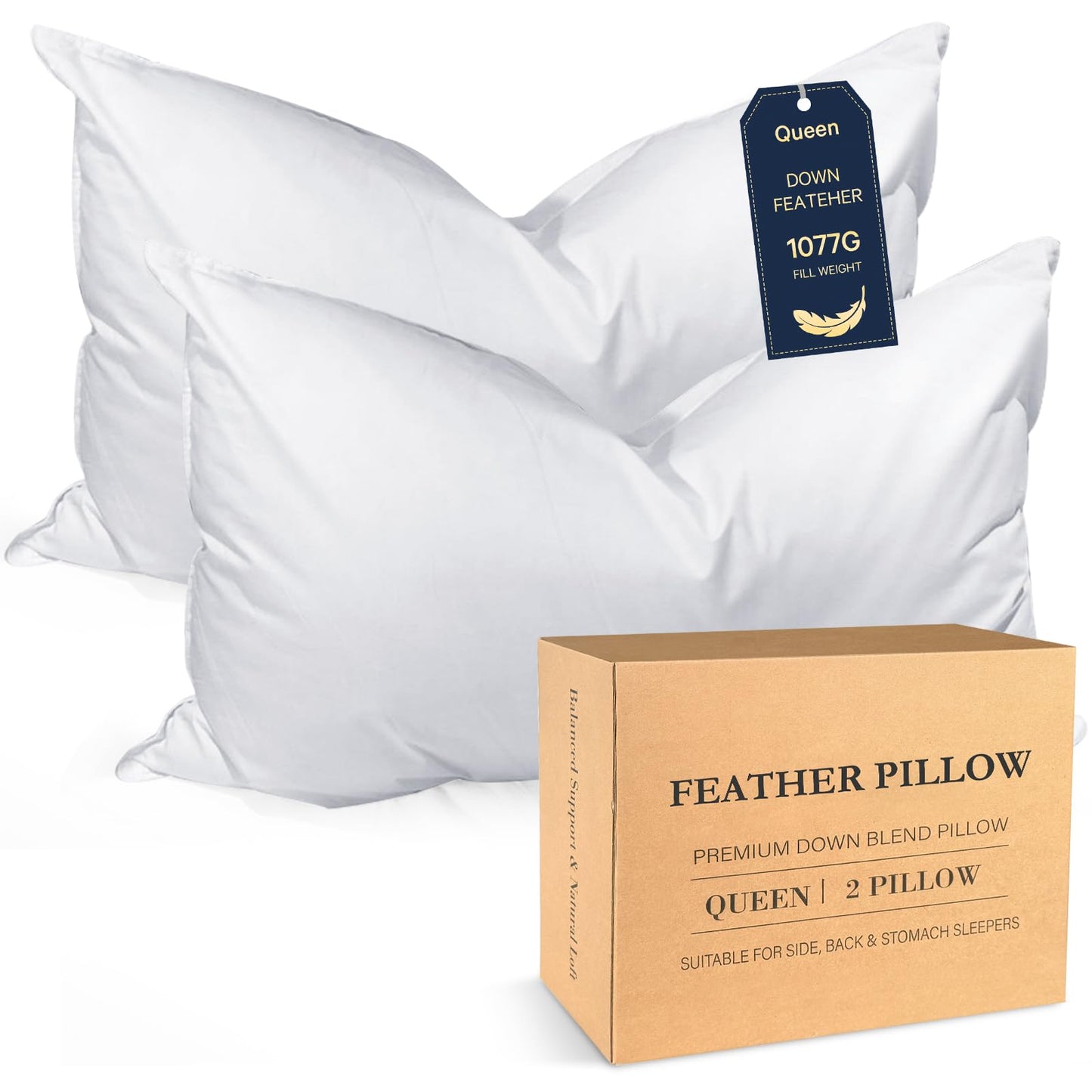 BHZ Goose Down Feather Pillows Queen Size Set of 2, Hotel Collection Bed Pillows for Sleeping Medium Firm Soft Support Pillow for Side and Back Sleepers