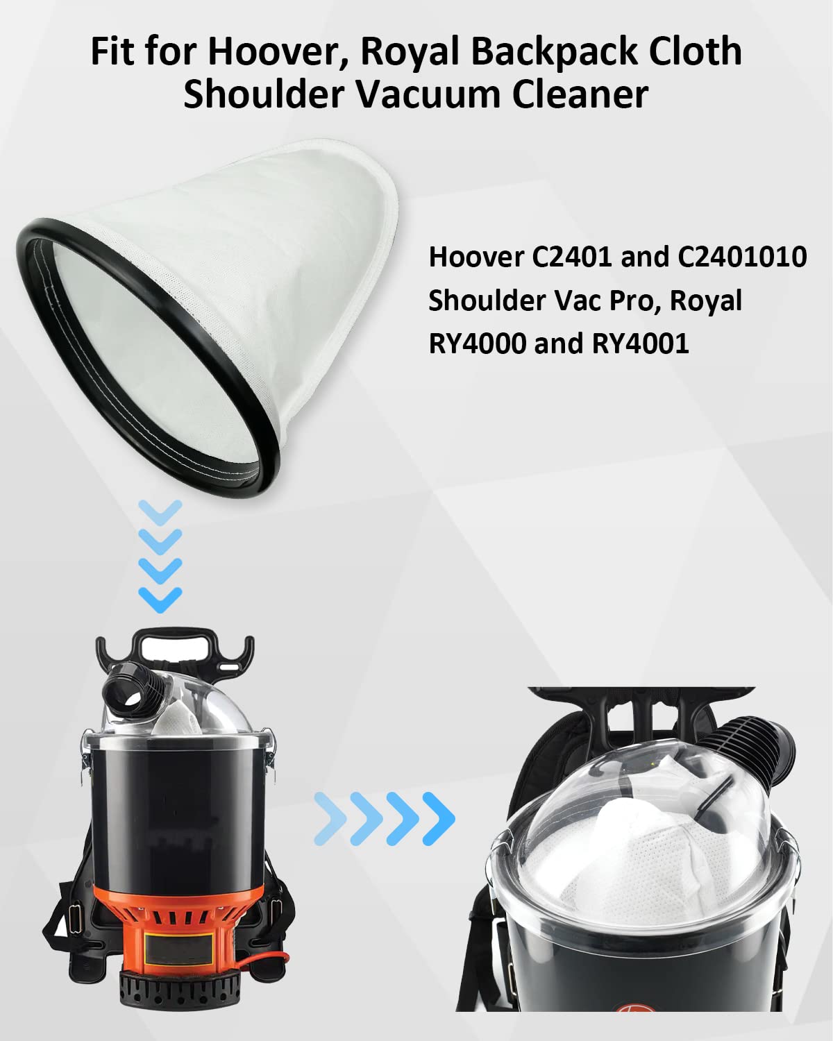 ULXIOM 2KE2105000 HEPA Cloth Bag Liner, Fit for Hoover, Royal Backpack Cloth Shoulder Vacuum Cleaner, Fit for Royal RY4000 and RY4001, Fit for Hoover C2401 and C2401010 Shoulder Vac Pro, 2pcs