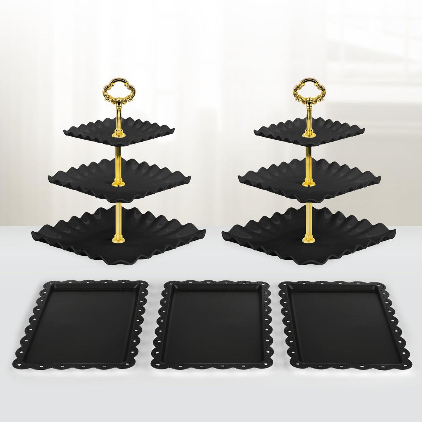 NWK 5 Piece Cake Stand Set with 2 x Large 3-Tier Cupcake Stands, 3 x Appetizer Trays, for Wedding Birthday Baby Shower Tea Party Decorations (Black)