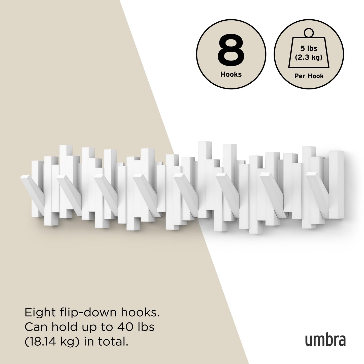 Umbra Sticks Wall-Mounted Coat Rack Rail Hook with 8 Retractable Pegs – Modern, Space-Saving Storage Organizer, White