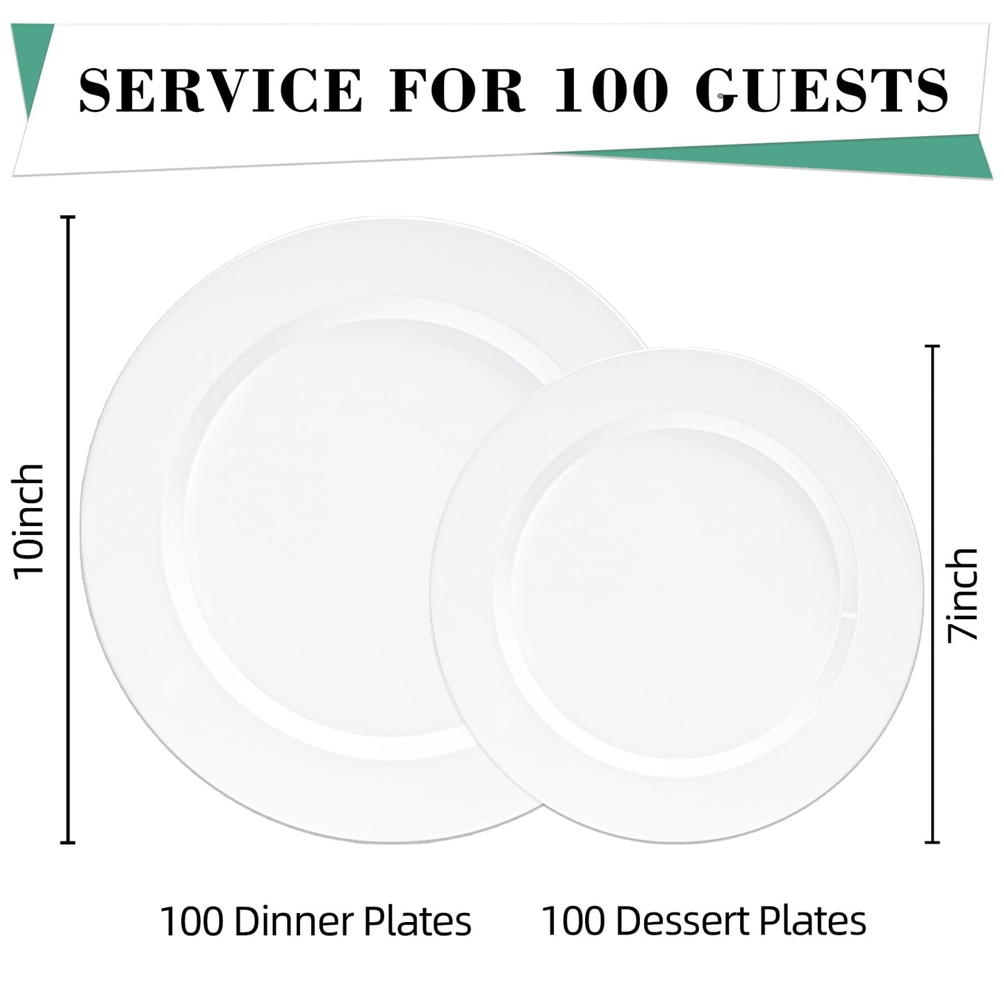 Ciselure 200PCS White Plastic Plates, Heavy Duty Plastic Plate Disposable, Include 100 Dinner and 100 Dessert Plates for Party and Wedding