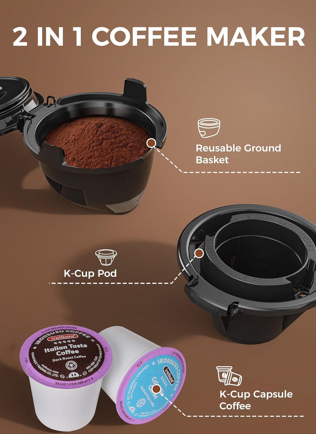 COWSAR Single Serve Coffee Maker, 2 in 1 Coffee Capsule & Ground Coffee Brewer, 40 Oz Removable Water Tank, 5 Brew Sizes 6-14 Oz, Self-cleaning Fast Heating Coffee Machine for Home Office