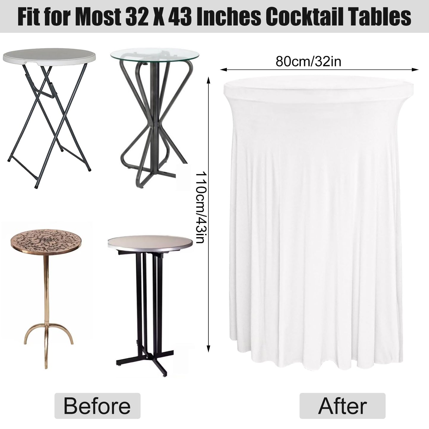 JALANCY 4 Packs 32 x 43 Inch Spandex Round Cocktail Table Skirts Stretch Cocktail Table Cover Fitted for High Top Tables for Wedding Bar Party Banquet (White)