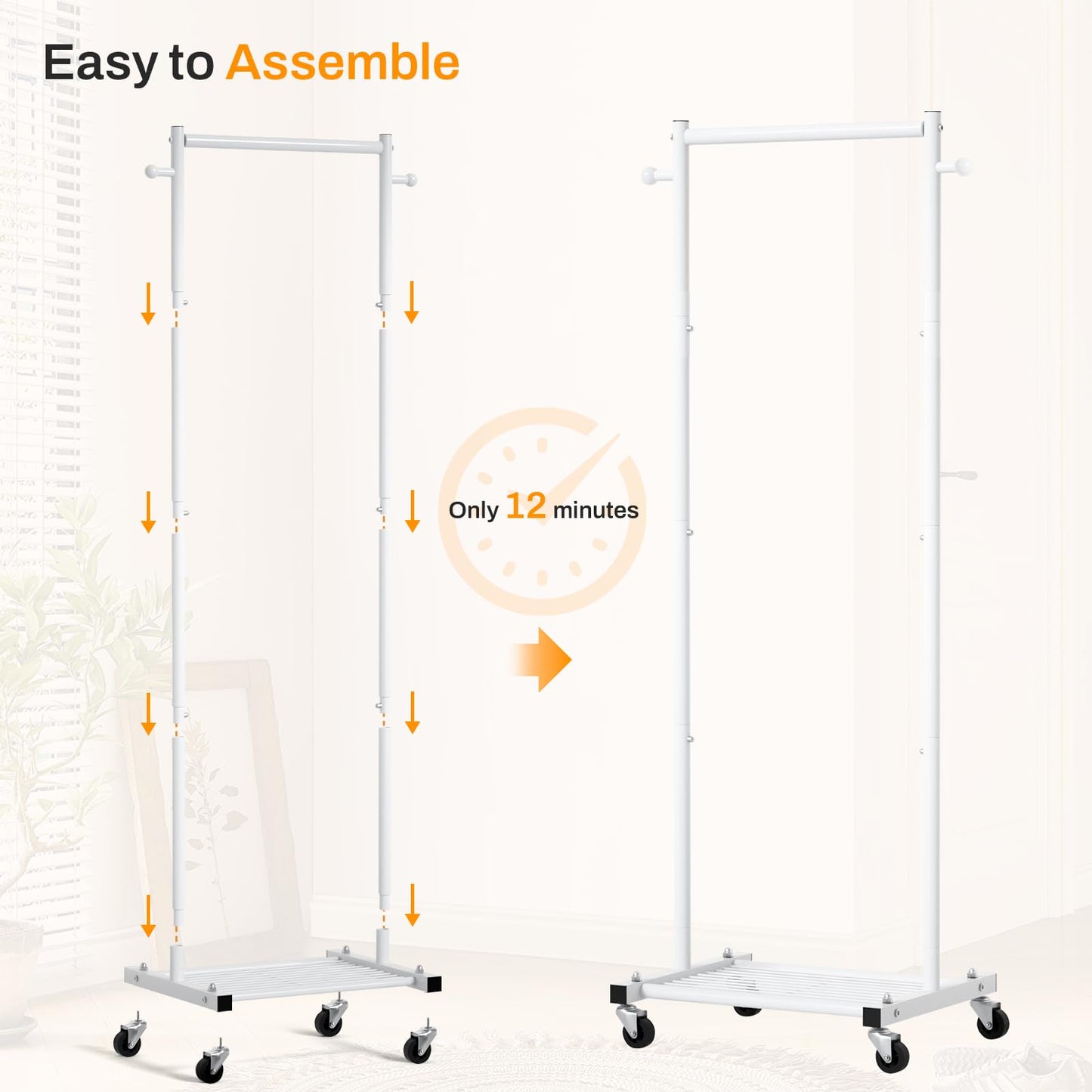 MISSLO Small Clothes Racks for Hanging Clothes Clothing Rack with Wheels 60" Garment Rack with Shelves Portable Rolling Wardrobe Rack for Small Space, White