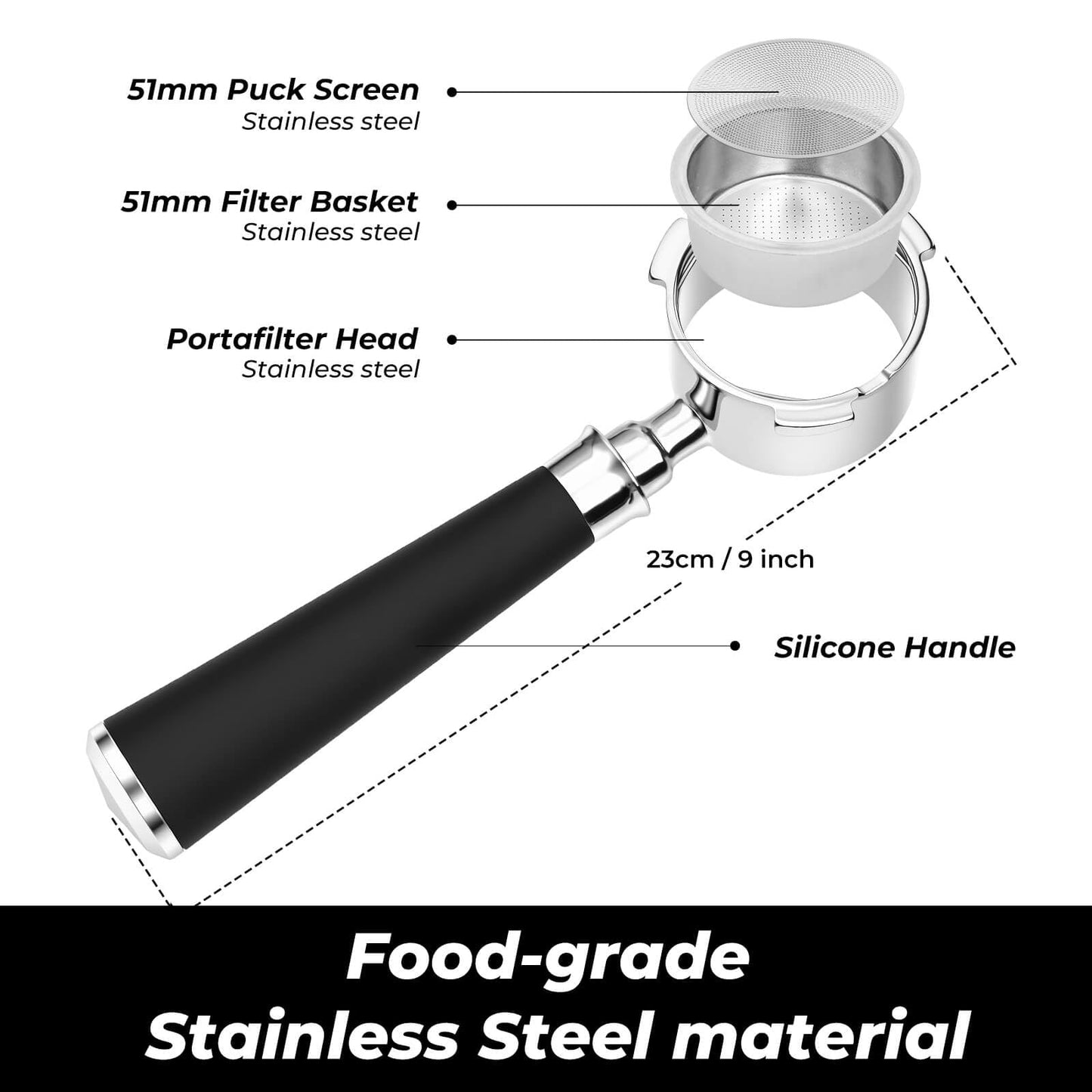 51mm Bottomless Portafilter 3 Ears Fits for Delonghi Dedica EC685, EC785, EC885, EC820, EC850, EC860, EC890, EC680 und SMEG and SMEG, Includes Puck Screen, WDT, Dosing Funnel, Double Shot Basket