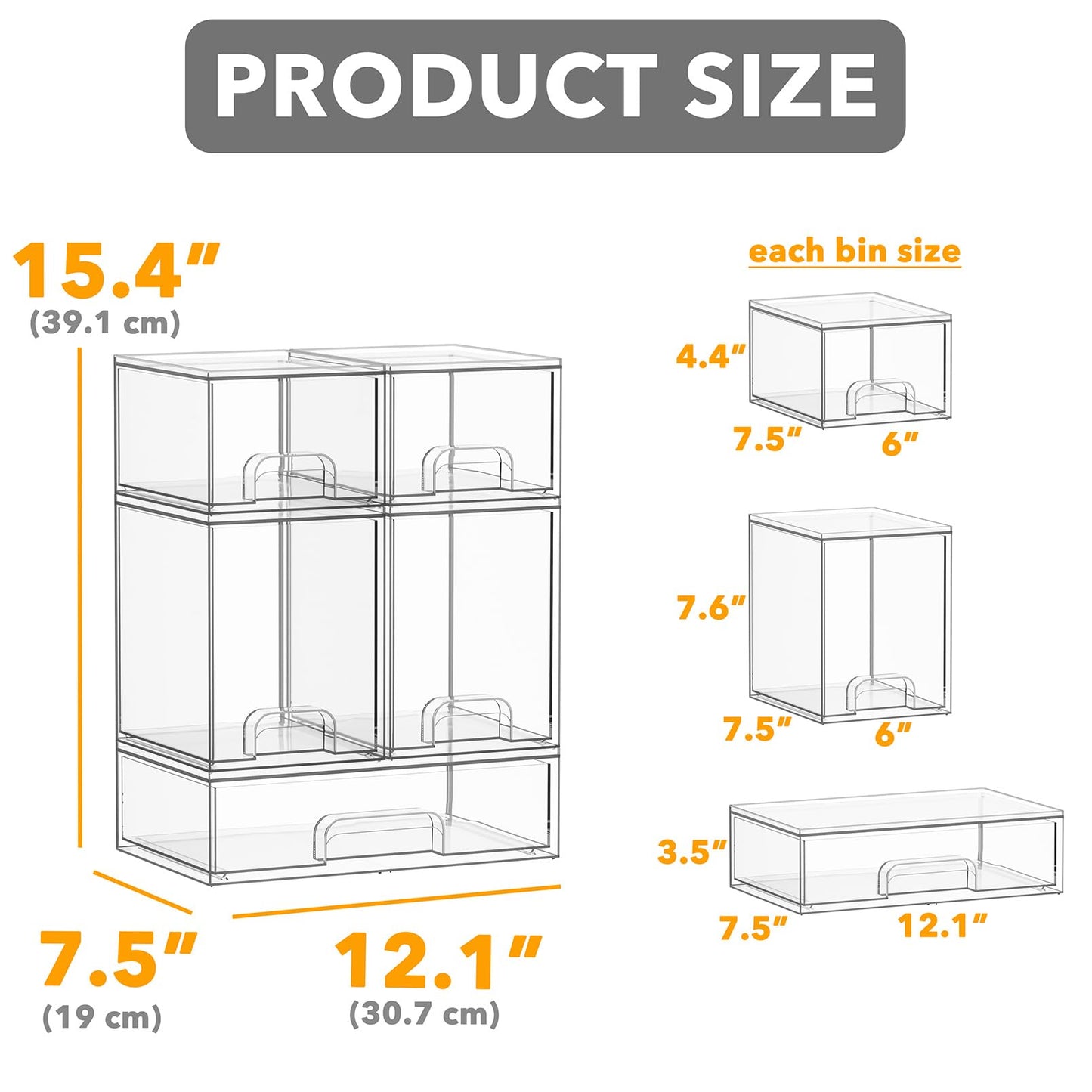 SpaceAid Bottle Storage Organizer Baby - Acrylic Bottles Station Organizer Container, Stackable Clear Drawers for Countertop, Vanity, Bathroom, Cabinet, Pantry Organization, 5 Pack, 2S2M1L, 15.4" H