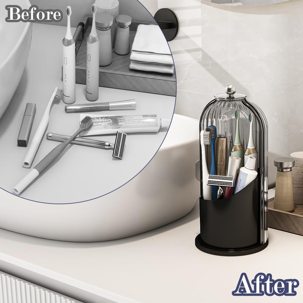 Zufudo Dustproof Toothbrush Holders with Cover, Rotating Electric Toothbrush and Toothpaste Holder for Bathroom Countertop, 3 Slots Makeup Brushes Organizer, Grey Black