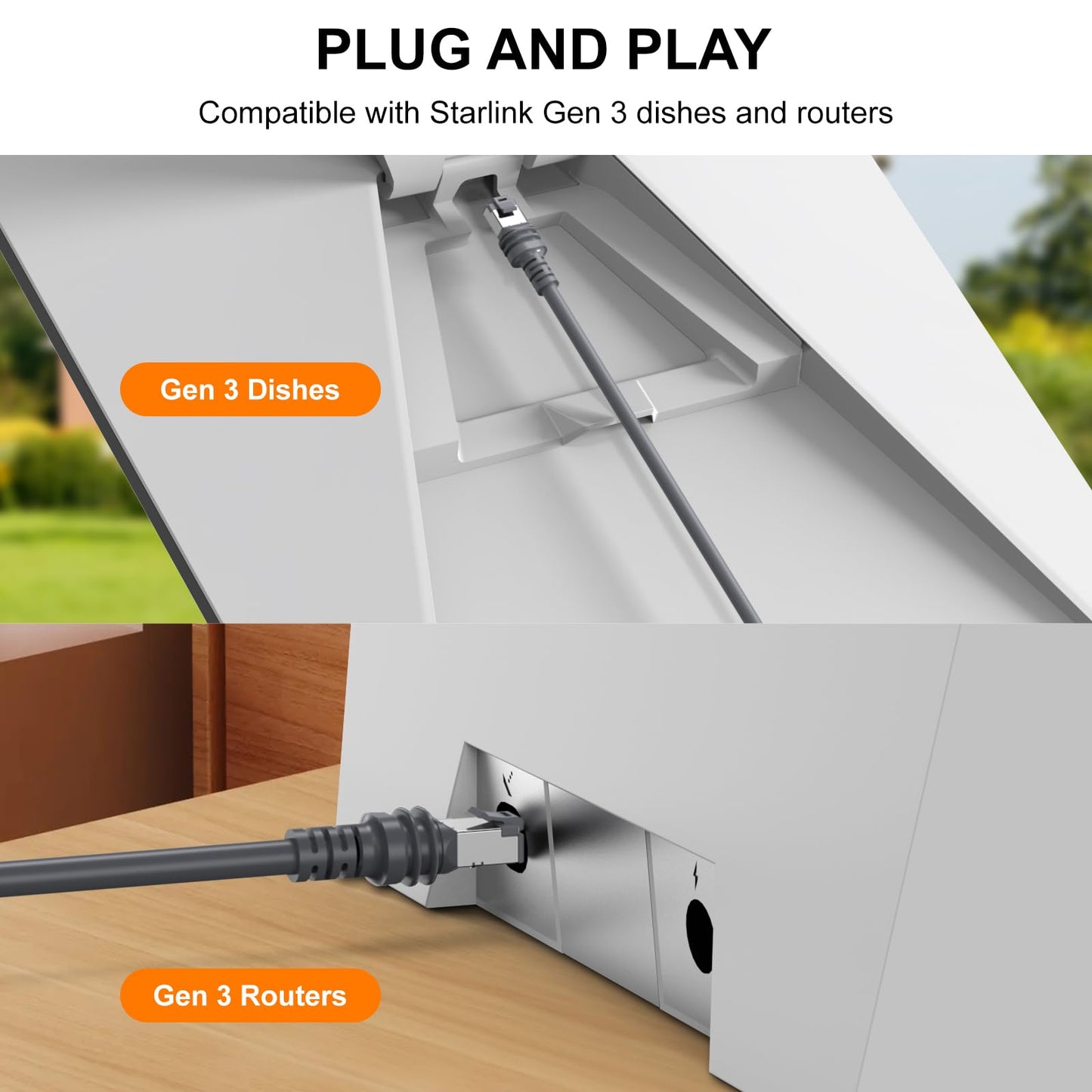 150FT Starlink Gen 3 Cable, Waterproof Satellite Replacement Standard V3 Cord, for Starlink Rectangular Satellite Gen 3 Cable Extension Accessories (150FT/46M)