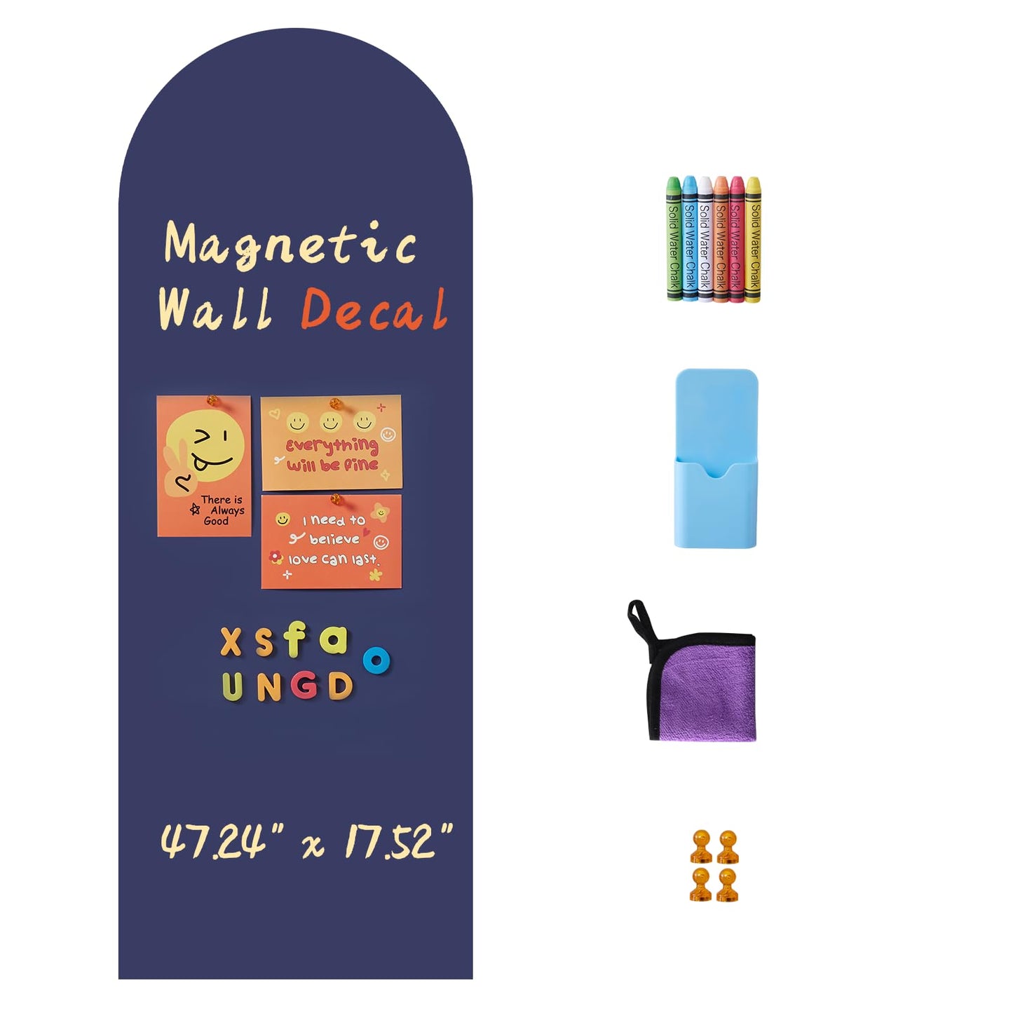 TJJINI Arch Magnetic Wall Decal 47.24" x 17.52", Magnetic Chalk Board Sticker, Magnet Chalkboard for Wall, Magnet Wallpaper Peel and Stick for Playroom Classroom with Chalks, Wiping Cloth (Navy Blue)