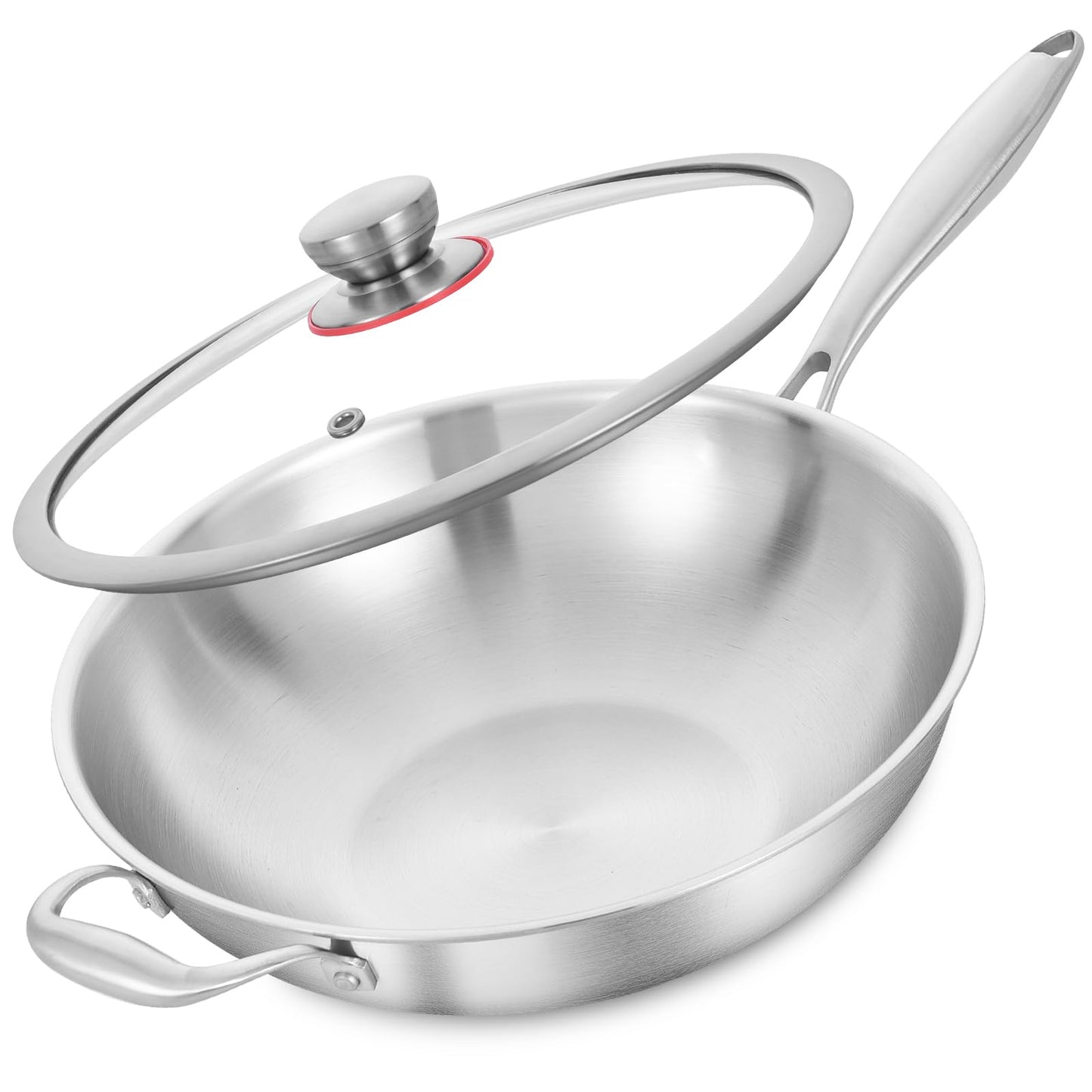 LOLYKITCH 13 Inch Stainless Steel Wok with Glass Lid, Tri-Ply Stir Fry Pan with Detachable Handle, Uncoated Cooking Wok for Induction & Glass, Flat Bottom, SGS Certified Cookware