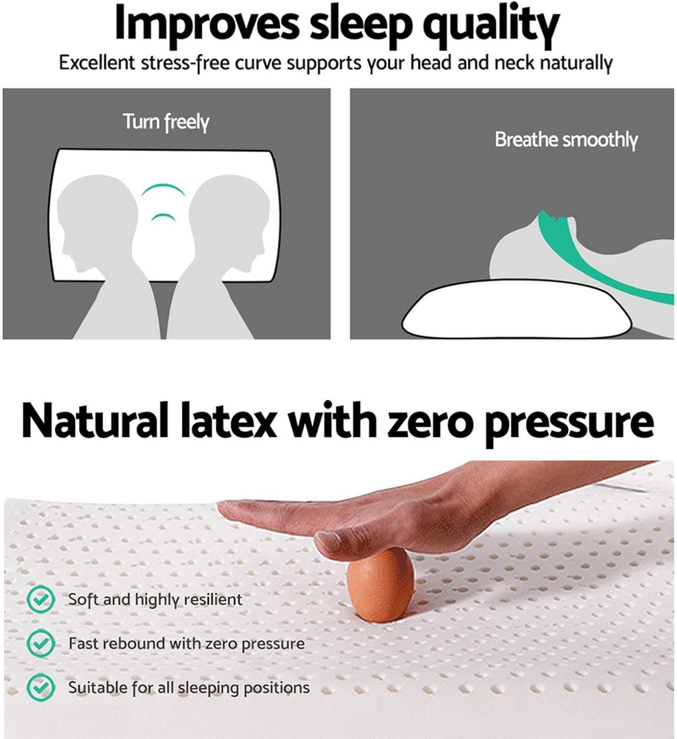 Gatnlair Latex Pillow, 100% Talalay Natural Latex Pillow, Soft Sleeping Bed Pillows with Cotton Cover, Queen Size, Perfect for Side/Back Pain, Stomach, Neck, Stress Relief (1, Queen (Mid Loft))