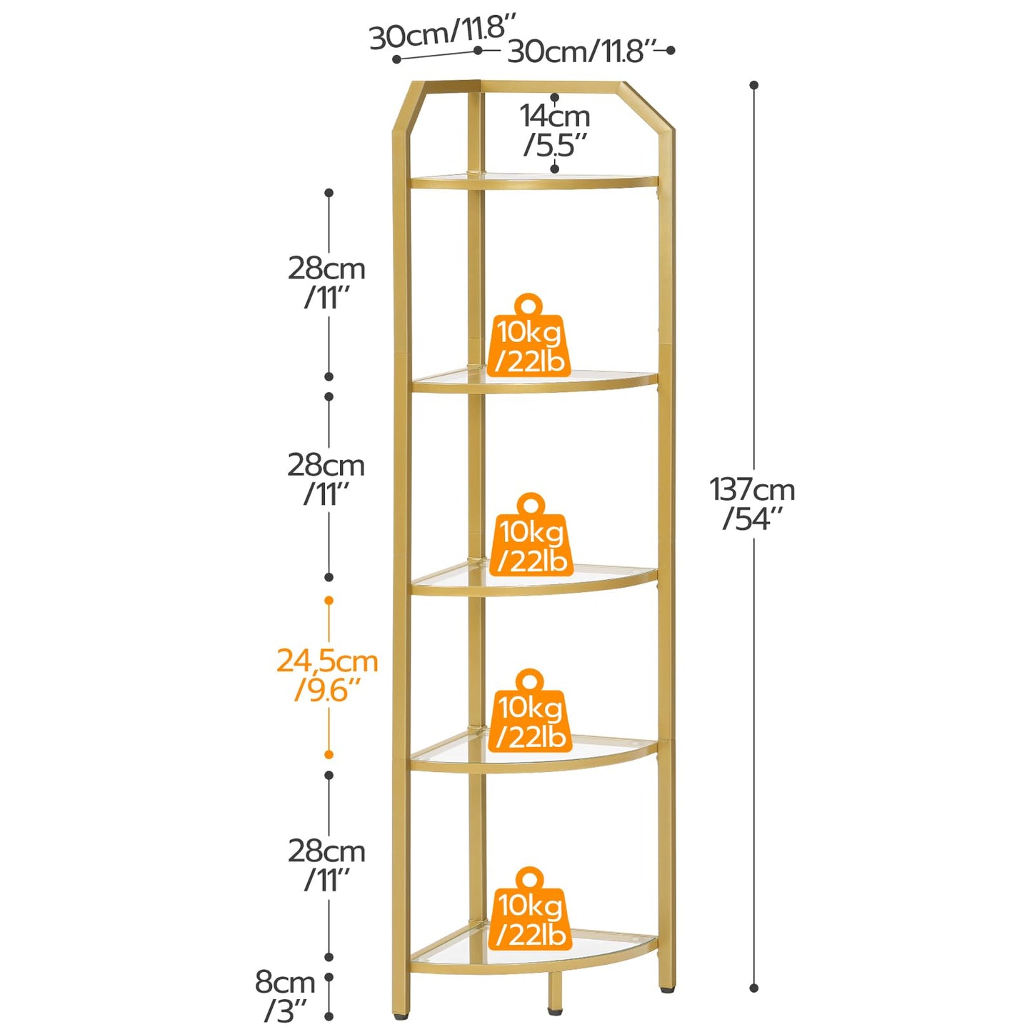 HOOBRO 5-Tier Corner Shelf Stand, Gold Corner Bookshelf, Tempered Glass Shelves, Bathroom Organizer, Corner Plant Stand, for Living Room, Study, Balcony, Home Office, Modern Style, Gold GD15CJ01