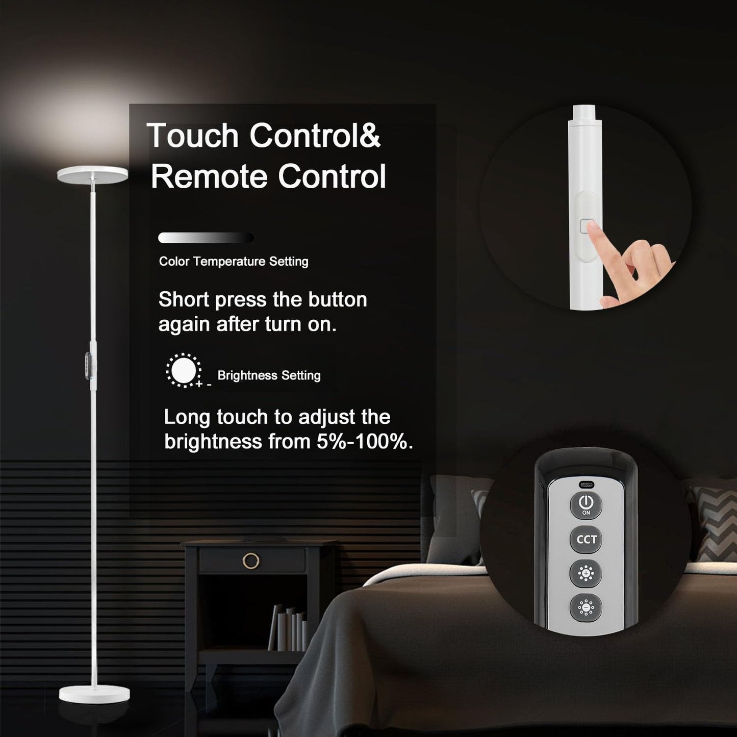 JOOFO Floor Lamp,30W/2400LM Sky LED Modern Torchiere 3 Color Temperatures Super Bright -Tall Standing Pole Light with Remote & Touch Control for Living Room,Bed Room,Office (Pearl White)