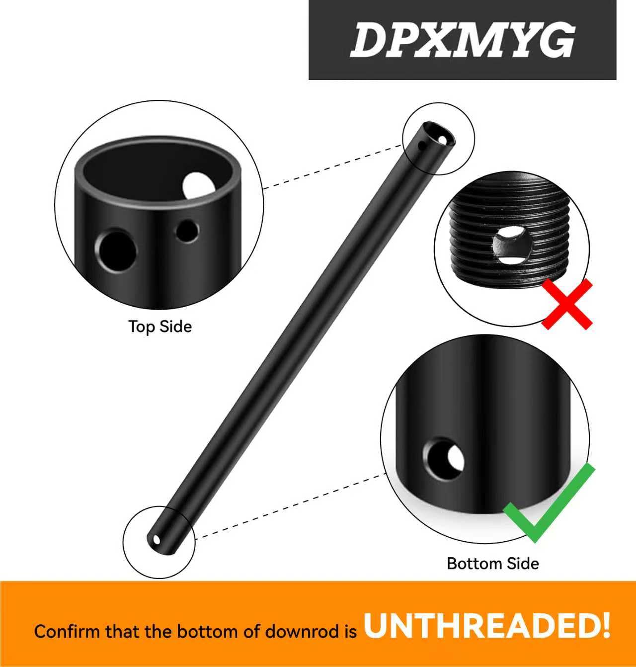 DPXMYG 48 inch Ceiling Fan Downrod, 4 FT Black Downrod for Ceiling Fan, 1 inch Outside Diameter, Boom Suitable for a Wide Range of Fans (Black, Not Threaded)