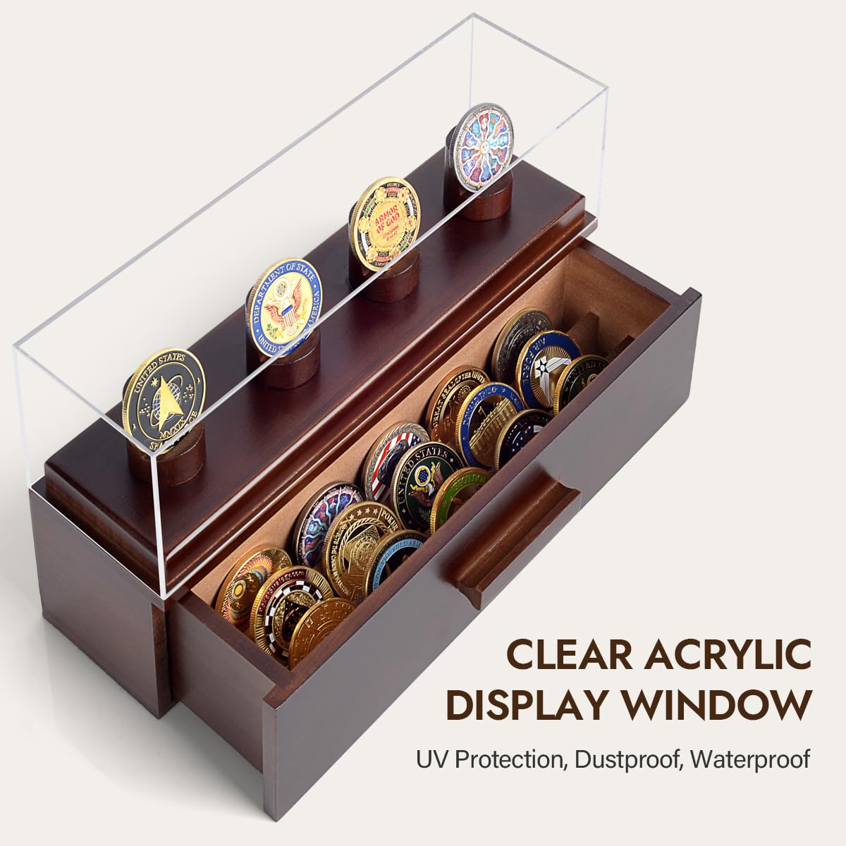 ULTRGEE Challenge Coin Display Case, Military Coin Collection Holder with Wooden Coin Box, Drawers, and Clear Acrylic Lid – Gifts for Coins Collectors (4 Pillars)