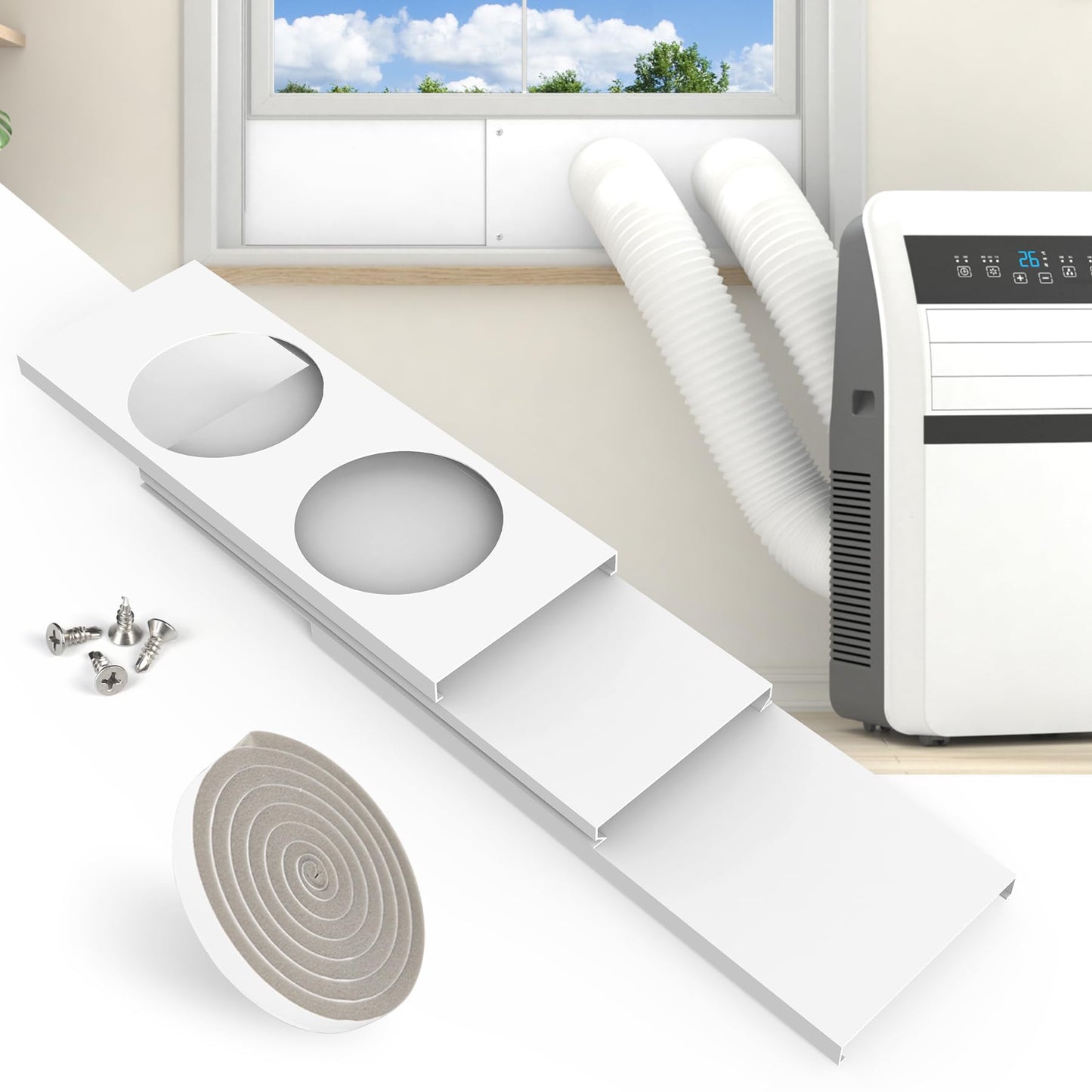 Memrita Dual Hose Portable Air Conditioner Window Seal Kit, 5.9" Diameter Adjustable Window Vent Kit with Foam Seal Strip for Sliding and Hung Windows