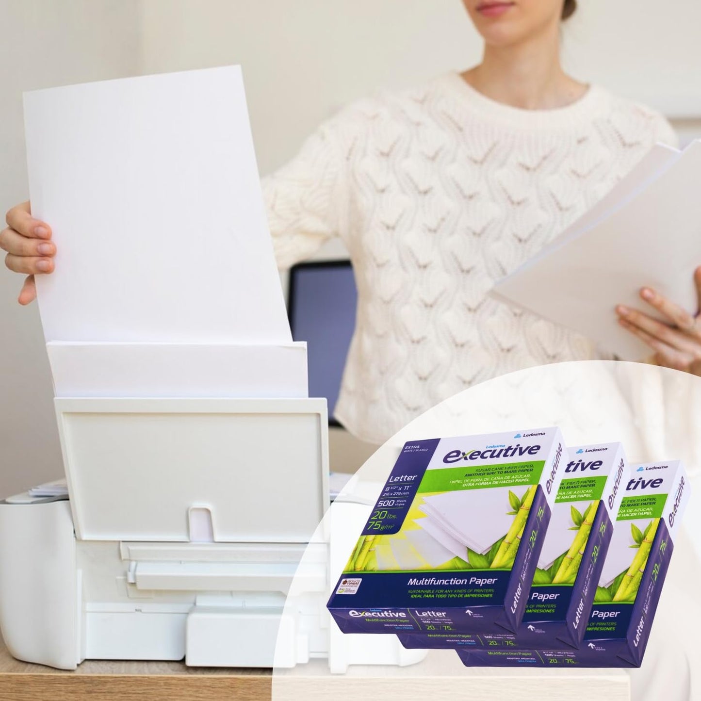 Sugarcane Fiber Copy Printer Paper - Size 8.5” x 11”, 20lb, Multipurpose, 92 Bright White Paper, Sustainable Solution, Ideal for All Office & Photocopy Printers & Designs (3 Reams - 1500 Sheets)